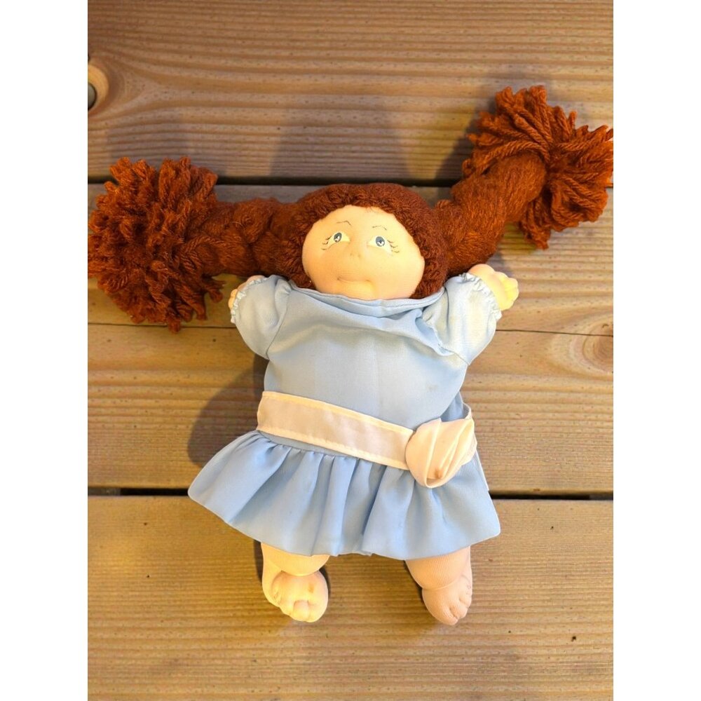 Vintage Handmade Cloth Doll With Brown Yarn Hair & Blue Dress Signed By Artist